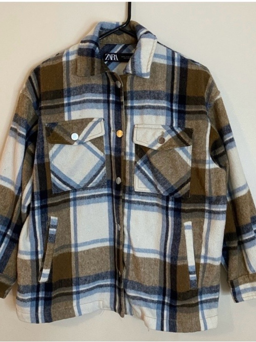 ZARA Plaid wool acrylic oversized Jacket in Brown, Blue & White